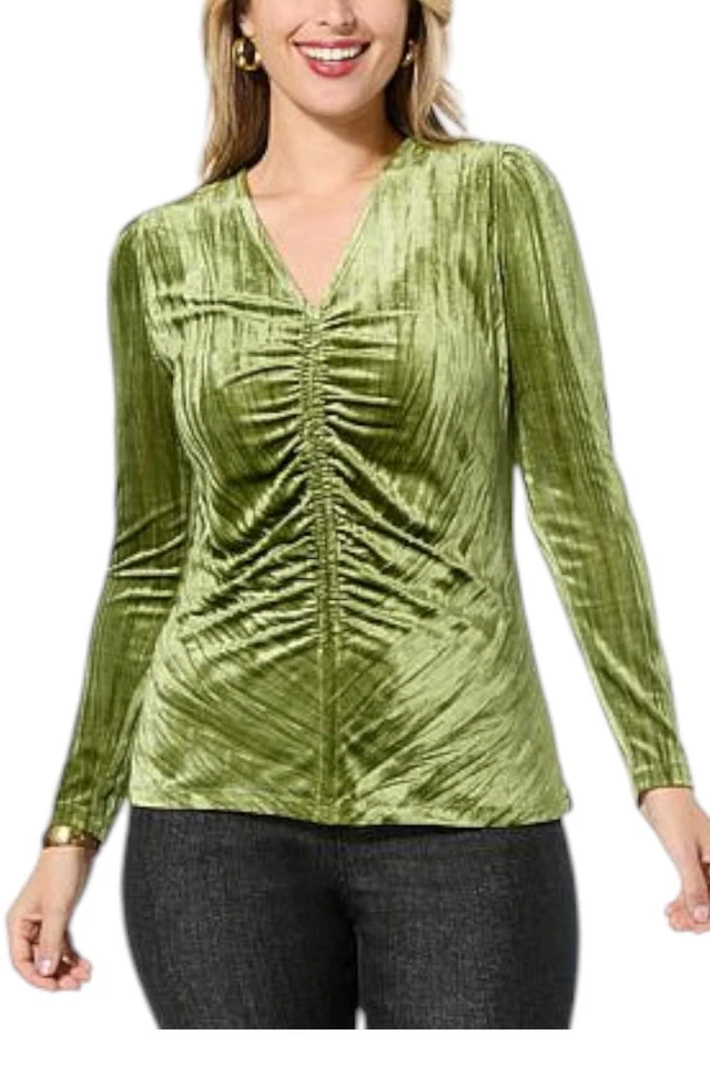 DG2 by Diane Gilman Women's Velvet Ruched Front Top Pesto - Image 1 of 1
