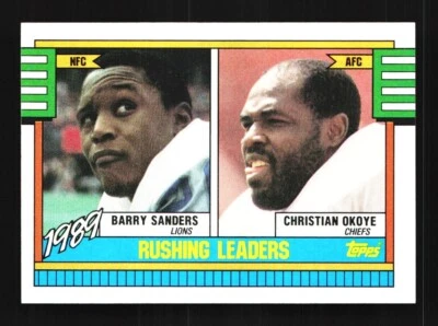 1990 Topps	 #28 Rushing Leaders/Barry Sanders/Christian Okoye NMMT 7388 - Image 1 of 2