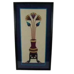 Egyptian Revivial Vintage Hand Made Cotton Lotus Appliqué on Linen . Framed - Picture 1 of 10