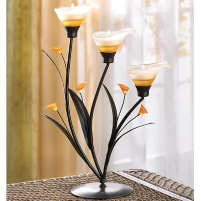 Amber Lilies Candle Holder Free Standing Candelabra 3 Glass Cups Accent 13" Tall - Image 1 of 4