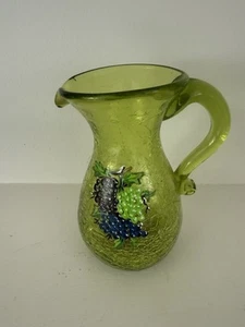 VTG Hand Blown Hand Painted Signed Crackle Glass  Green Vase Pitcher 4.75” T - Picture 1 of 8