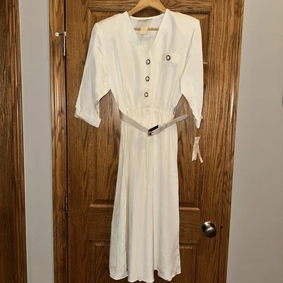 Vtg 80s Nina Piccalino 11 Dress Deadstock Ivory 7 Belted Midi Shoulder Pads USA - Image 1 of 4