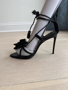 Aqua Flower Black Leather Ankle Tie High Stiletto Heel Sandals Open Toe  NEW  8 - Picture 1 of 10