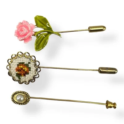 Vintage Lot Of 3 Gold Tone Embroidered Enamel Pearl Floral Brooch Stick HAT PIN - image 1 of 4