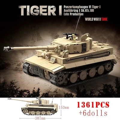 Military WW2 Tiger I Heavy Tank Building Blocks Army Soldiers Weapons Kids Toys - Image 1 of 4