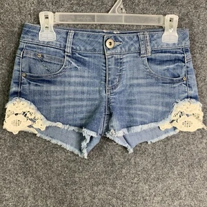 Denim Hot Pants Booty Shorts Jolt Jr Size 1 Crochet Detail Raw Hems - Picture 1 of 10