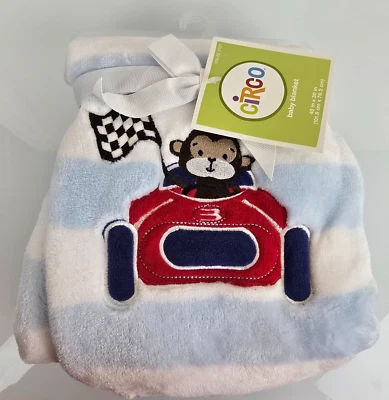 Circo Mono en Coche Poliéster Felpa Bebé Azul Blanco Rayas Bebé Niño Manta NUEVO Foto 1 de 3