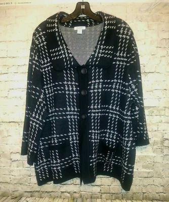 Abrigo suéter a cuadros Hampshire Studio para mujer 2X negro/blanco 3 botones delanteros Foto 1 de 4