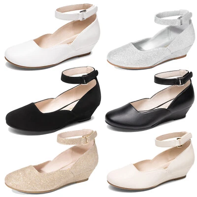 Zapatos de salón de vestir para niñas Tacones bajos con cuña Correa para el tobillo Boda Fiesta Formal Foto 1 de 4