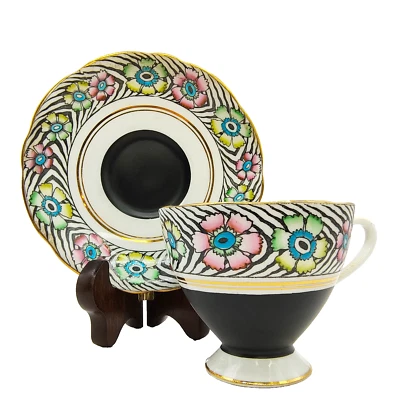 Taza de té y platillo de flores de neón Gladstone de colección rayas negras detalles dorados *MANCHADO* Foto 1 de 4
