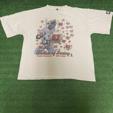 Vintage Sultan Of Swing Mark McGwire 62 Home Run 1998 T Shirt Size XL MLB Cover