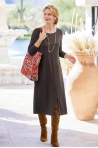 Soft Surroundings Dress Womens Sz L Brown Annette Midi Ruched Sleeve Minimalist - Picture 1 of 8