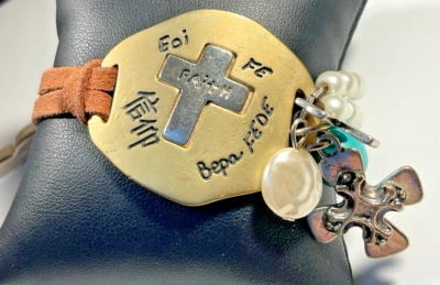 Handcrafted Bracelet Handmade Christian Faith Leather & Pearl w/ Charms Unique - Image 1 of 4