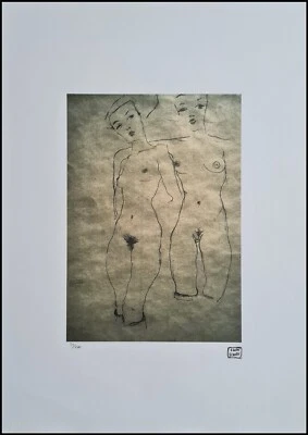 Litografía limitada firmada por Egon Schiele niñas desnudas 19 11/16x27 5/8 pulgadas 30/200 Foto 1 de 4