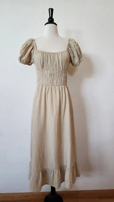 Vestido Anthropologie Midi Nuevo Talla Pequeña Mezcla de Lino Beige Romántico Boho Coqueta Foto 1 de 4