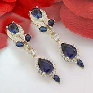 3.50Ct Pear Cut Blue Sapphire Drop & Dangle Halo Earrings 14K Yellow Gold Finish