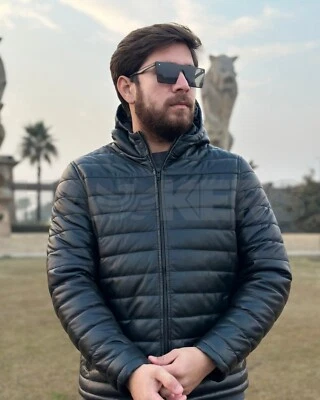 Men's Black Puffer hooded Leather Jacket, Bomber warm REAL LEATHER Jacket - Image 1 of 4