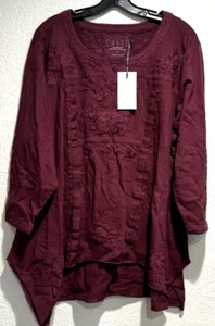 Caite and Kyla Seo Handmade Misha Embroidered Tunic Top - Burgandy, Sz 1X - NEW - Picture 1 of 11