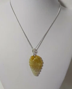 Certified A grade yellow Jadeite Jade grape leaf pendant Silver necklaceL40/45cm - Picture 1 of 6