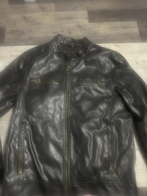 Chaqueta de cuero Guess para hombre mediana marrón cremallera completa motocicleta bombardero Foto 1 de 4