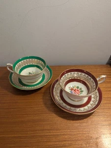 Hammersley Bone China Pair Of Tea Cups And Saucers Gree & Red Gold Gilt - Picture 1 of 22