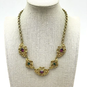 Vintage 1928 Jewelry Gold Tone Floral Bib Necklace Red Green Stones - Picture 1 of 8