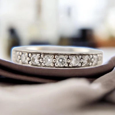 Vintage 14k White Gold Natural Round Diamond Wedding Band Ring - Image 1 of 4