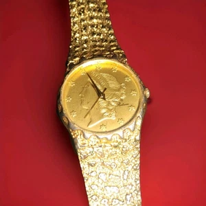 Vintage Gruen Lady Liberty Gold Nugget Coin Wrist Watch with Textured Band - Picture 1 of 5