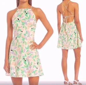 Gianni Bini GB Linen Dress Size Large Low Lace Up Back Floral Fairy Garden - Picture 1 of 10