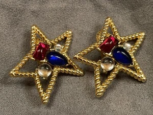 VTG Trifari Signed Jelly Gripoix Style Star Gold Tone Modernist Clip Earrings - Picture 1 of 5