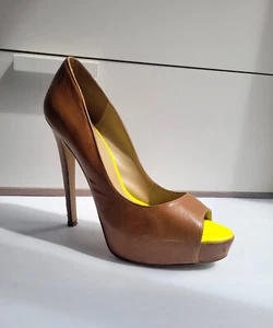 Aldo Fluro Yellow Peep Toe Tan Wedges Stilettos Size 38 EUR - Picture 1 of 11