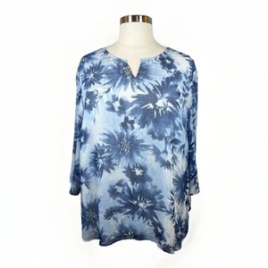Alfred Dunner Tunic Women’s Size 22W Blue Floral Top 3/4 Open Sleeve Boho Casual - Picture 1 of 14