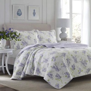 Laura Ashley Quilt Set 3-Pcs Lightweight Cotton Wisteria Blossoms Lilac King - Picture 1 of 5