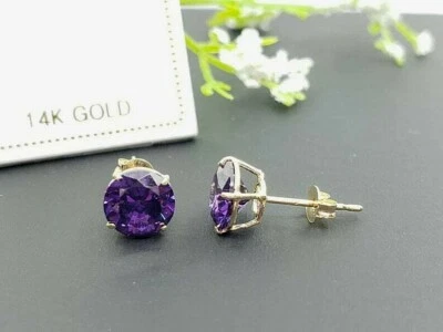 Pendiente Amatista Oro Real 14K Piedra Natal Febrero Colores Empuje hacia atrás  Foto 1 de 4