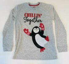 Holiday Time Boys Gray Penguin Applique Long Sleeve Pajama Top Size L 10-12 NWOT