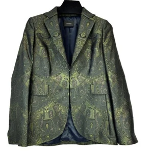 AKRIS Jacquard Blazer 8 Dark Green Paisley Print Notched Lapel Faux Pockets - Picture 1 of 9