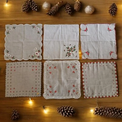 Vintage Ladies Handkerchiefs Christmas Embroidered Lot Of 6 Holiday Mint Cond - Image 1 of 4