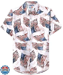 Men's Regular Fit USA Flag Button Shirt Fourth of July Aloha Blouse Memorial - Picture 1 of 5