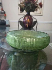 E O Brody Green Depression Glass Bowl Ribbed Vintage Cleveland Ohio Bulb - Picture 1 of 6