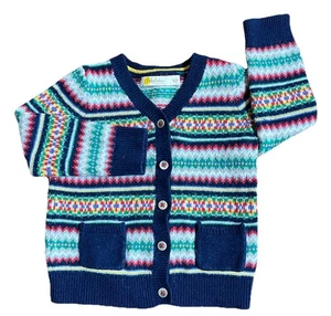 Baby Boden V Neck Cardigan Sweater All Over Fair Isle Bue Pockets Size 18-24 M - Picture 1 of 6