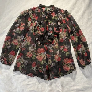 Lauren Ralph Lauren Bluse L schwarz transparent Blumen Knopfleiste Rüschen Ausschnitt Top - Bild 1 von 8