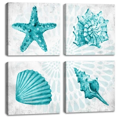 Bathroom Wall Decor Teal Watercolor Starfish and Seashell Conch Wall Art Sea ... - Image 1 of 4