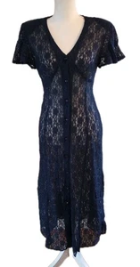 Vestido De Colección Años 90 Encaje Transparente Mediano Azul Marino Abotonado Hada Capricho Romántico - Imagen 1 de 11