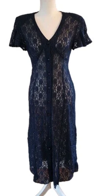 Vtg 90s Sheer Lace Dress Medium Navy Blue Button Up Fairy Whimsigoth Romantic - Image 1 of 4