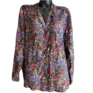 Vintage Anna & Frank 100% Seide Bluse Langarm Blumen Animal Print Knopf Gr. L - Bild 1 von 6