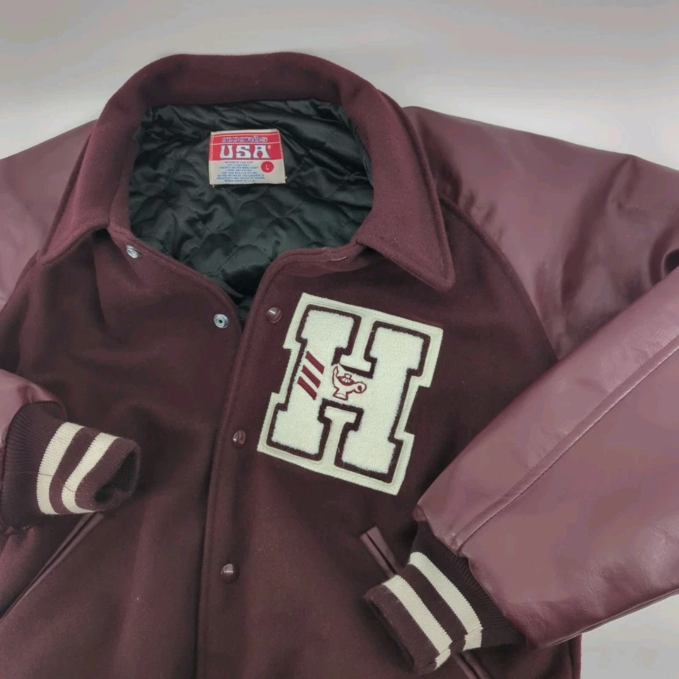 Awards USA Varsity Letterman Jacket Men's Large Maroon H Faux Leather Made USA - Image 1 of 4