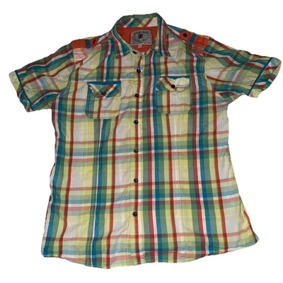 Mens Plaid Short Sleeve Button Up Shirt Epaulets Topstitching Bright Colorful XL - Image 1 of 4