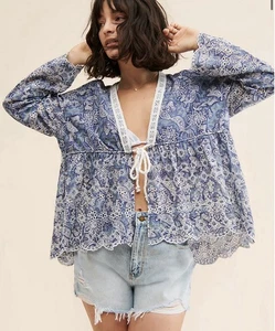Free People Eyelet Lace Paisley Tie Front Top Blue Boho Flowy Size S Cottagecore - Picture 1 of 9