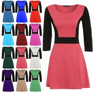 Women Ladies 3/4 Sleeve Slimming Effect Contrast Flared Skater Dress Plus Size - Picture 1 of 13