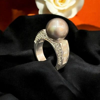 Pave 9.60 TCW Baguette Round Shape Diamonds South Sea Pearl Party Ring 18K Gold - Image 1 of 4